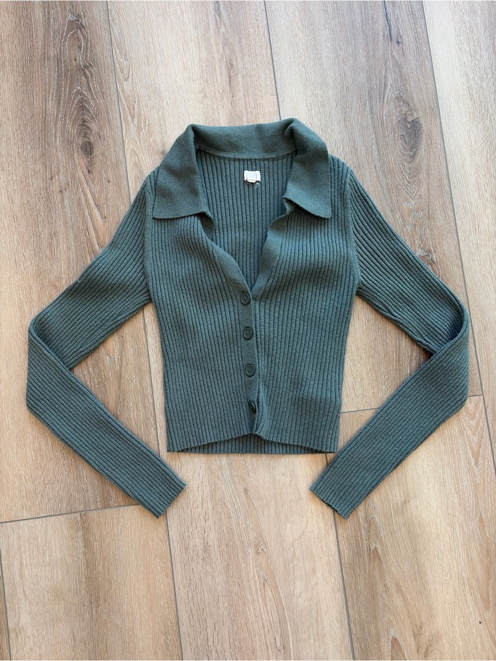 aerie Ribbed Button-Up Collared Cardigan - Olive